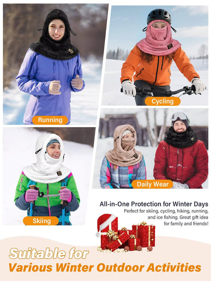 Ski Mask Balaclava for Women Men, Winter Full Face Mask Hooded Scarf for Cold Weather, Thermal Fleece Head Cover Neck Warmer for Motorcycle Skiing Snowboarding-Pink