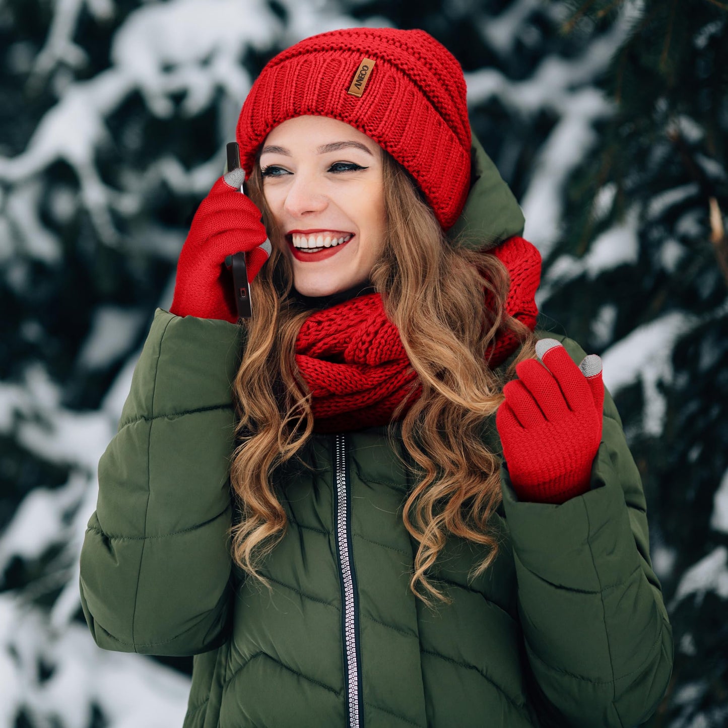 Aneco Winter Warm Sets Knitted Scarf Beanie Hat Touch Screen Gloves and Winter Ear Warmer for Men or Women