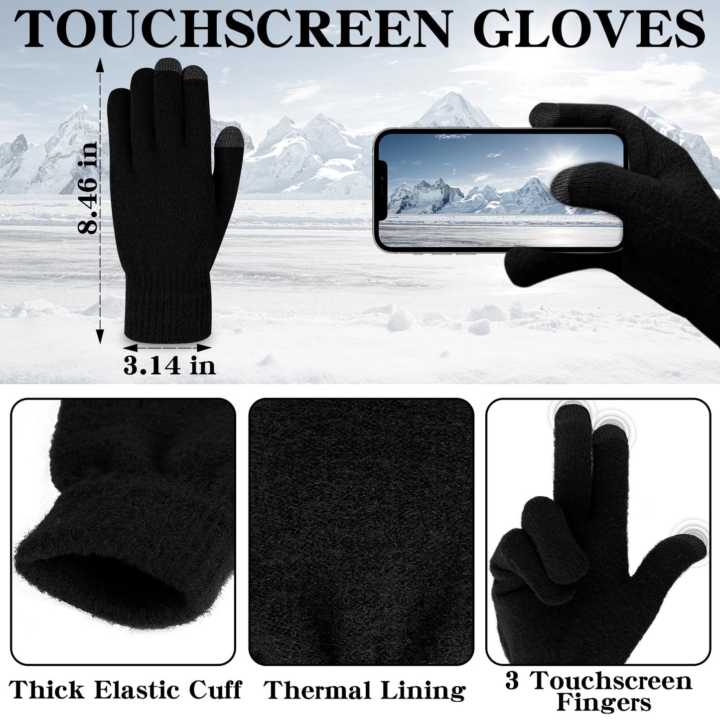 Winter Beanie Hat Scarf Gloves, Warm Fleece Knit Hat Long Scarf Neck Warmer Touch Screen Winter Gloves Set Gifts for Women Black