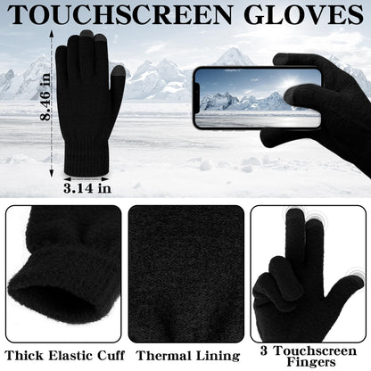 Winter Beanie Hat Scarf Gloves, Warm Fleece Knit Hat Long Scarf Neck Warmer Touch Screen Winter Gloves Set Gifts for Women Black