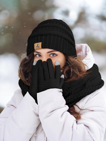 Warm Fleece Knit Beanie Hat and Touch Screen Gloves Set - Winter Gifts for Women and Men