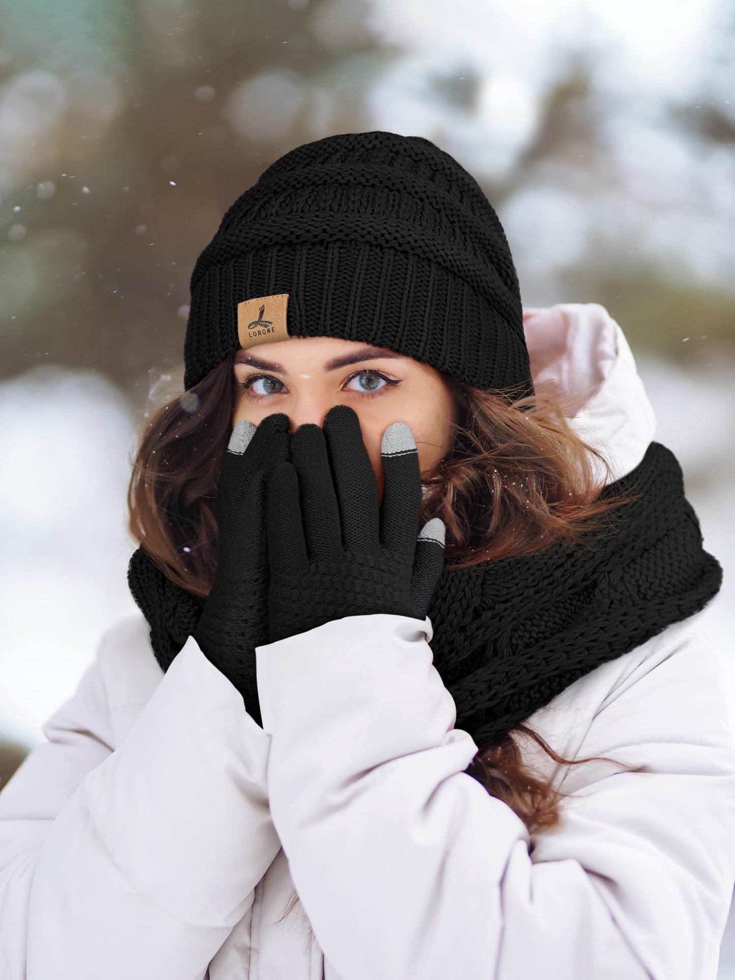Warm Fleece Knit Beanie Hat and Touch Screen Gloves Set - Winter Gifts for Women and Men