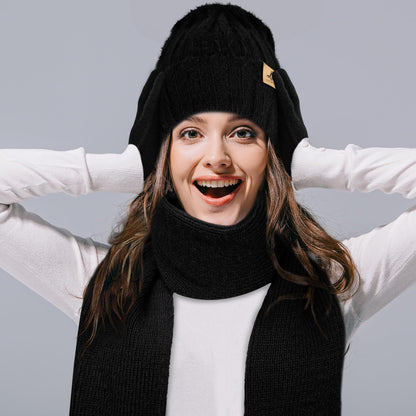 Winter Beanie Hat Scarf Gloves, Warm Fleece Knit Hat Long Scarf Neck Warmer Touch Screen Winter Gloves Set Gifts for Women Black