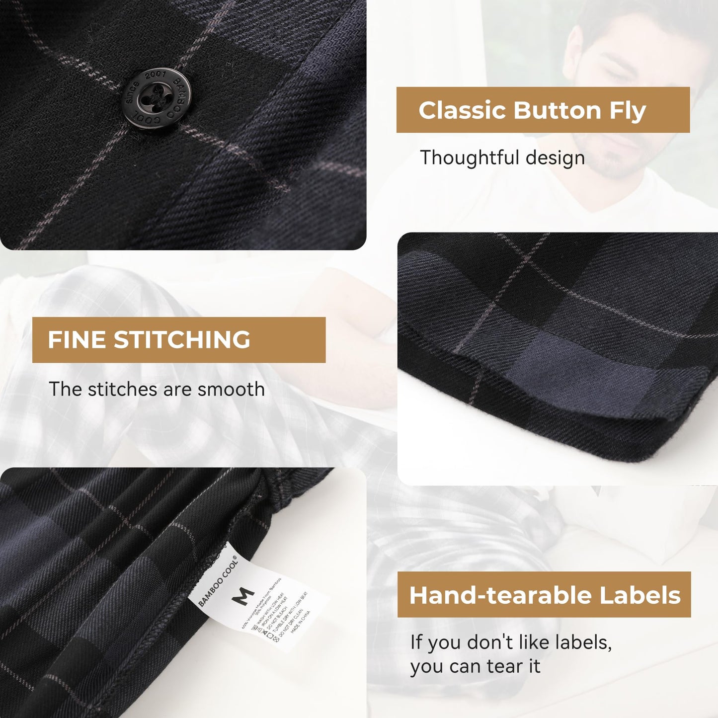 BAMBOO COOL Men's Pajama Bottoms Plaid Pajamas Pants for Men Soft Long Lounge Woven Pj Sleep Pant with Pockets