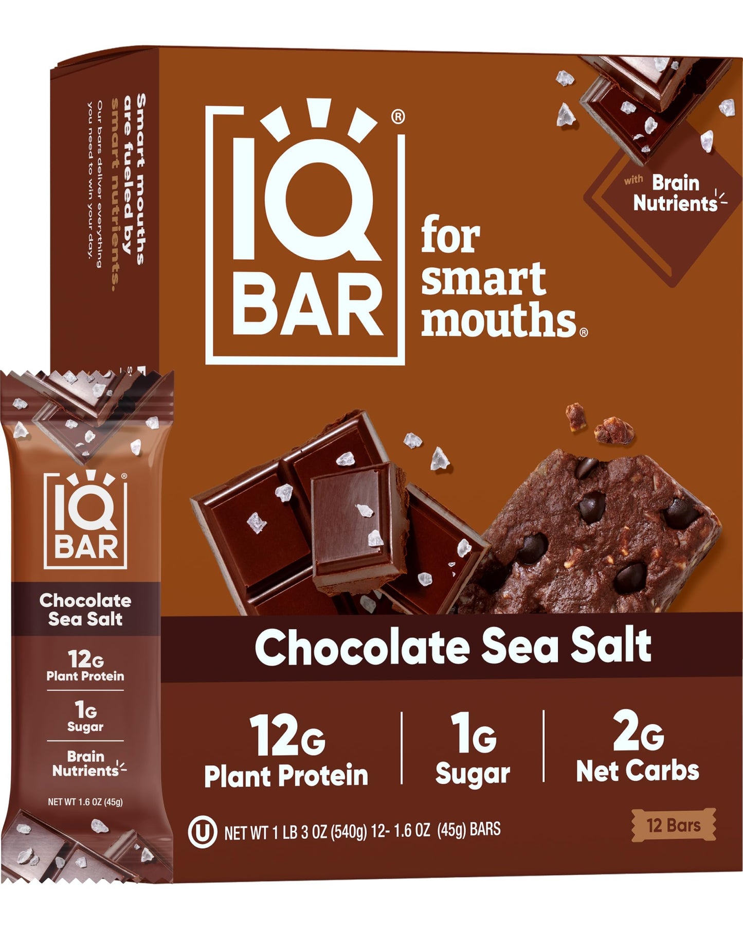 IQBAR Brain and Body Plant Protein Bars - Chocolate Sea Salt - 12-Count - Keto, Vegan, Low Carb, High Fiber, Gluten Free, Dairy Free, Low Sugar Snack with Nutrients for Focus, Energy, Meal Replacement