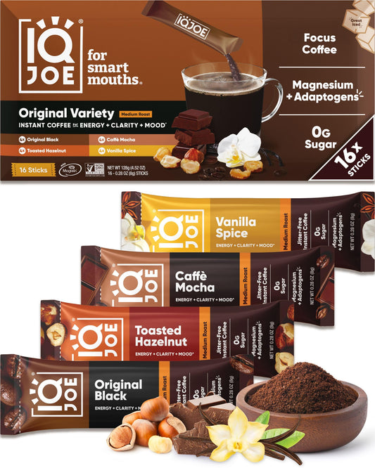 IQJOE Mushroom Instant Coffee - 4-in-1 Formula for Focus, Clarity, Mood, and Energy - Lion’s Mane, Magnesium L-Threonate, Antioxidants, Adaptogens, Sugar Free, Keto, Vegan - 16 Count Variety Pack