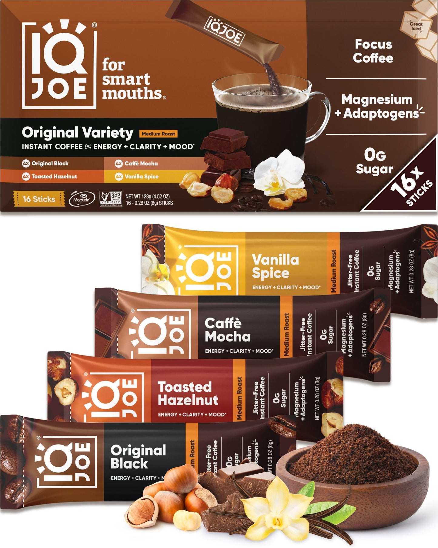 IQJOE Mushroom Instant Coffee - 4-in-1 Formula for Focus, Clarity, Mood, and Energy - Lion’s Mane, Magnesium L-Threonate, Antioxidants, Adaptogens, Sugar Free, Keto, Vegan - 16 Count Variety Pack