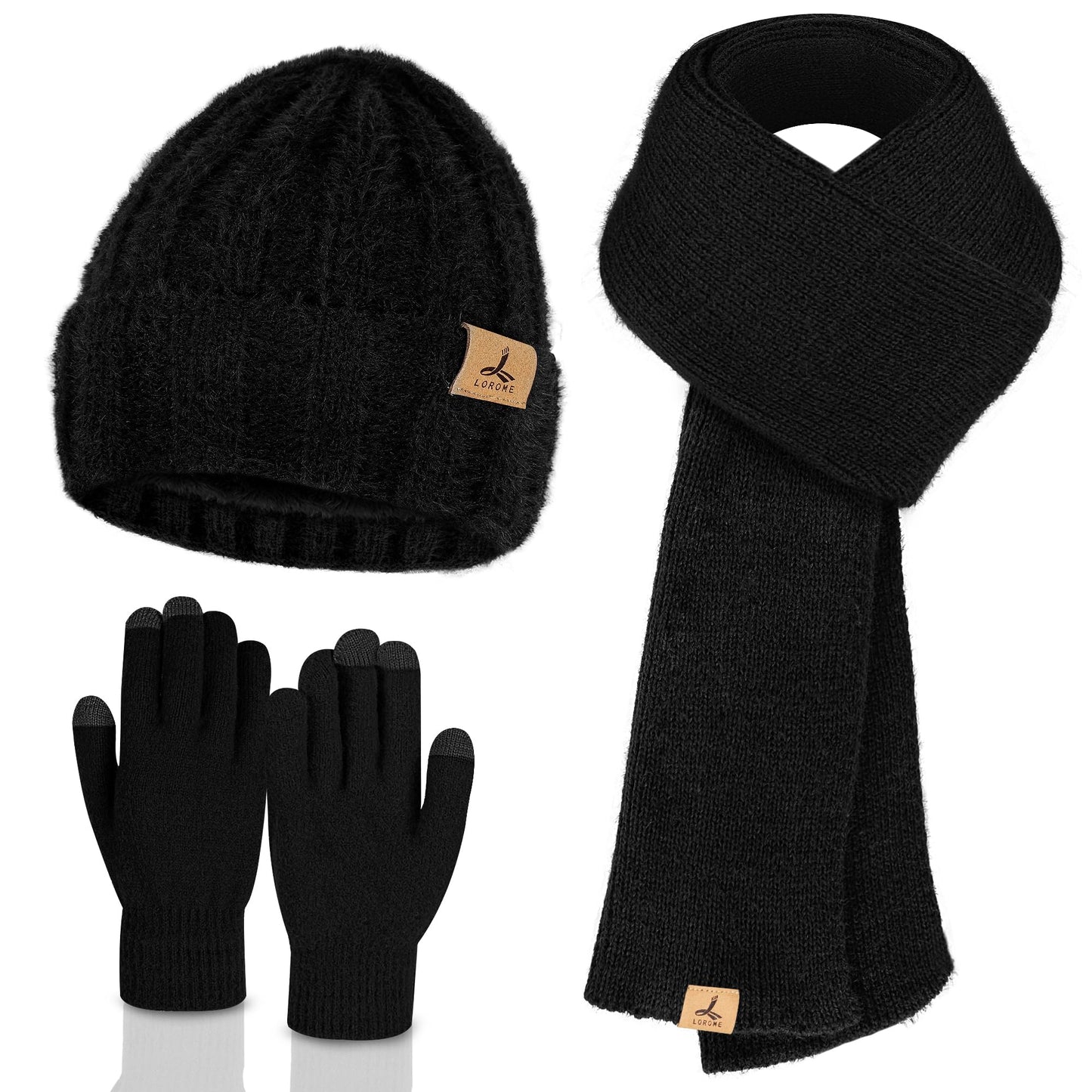 Winter Beanie Hat Scarf Gloves, Warm Fleece Knit Hat Long Scarf Neck Warmer Touch Screen Winter Gloves Set Gifts for Women Black