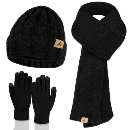 Winter Beanie Hat Scarf Gloves, Warm Fleece Knit Hat Long Scarf Neck Warmer Touch Screen Winter Gloves Set Gifts for Women Black