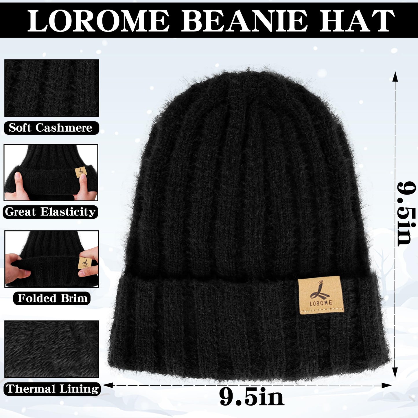 Winter Beanie Hat Scarf Gloves, Warm Fleece Knit Hat Long Scarf Neck Warmer Touch Screen Winter Gloves Set Gifts for Women Black