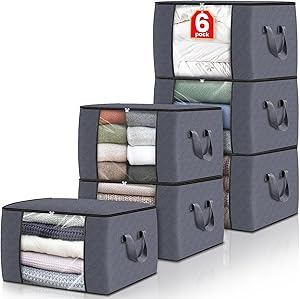 Fab totes 6 Pack Clothes Storage, Foldable Thick Fabric Blanket Storage Bags, Containers for Organizing Bedroom, Closet, Clothing, Comforter,Closet Organization with Handle,Grey