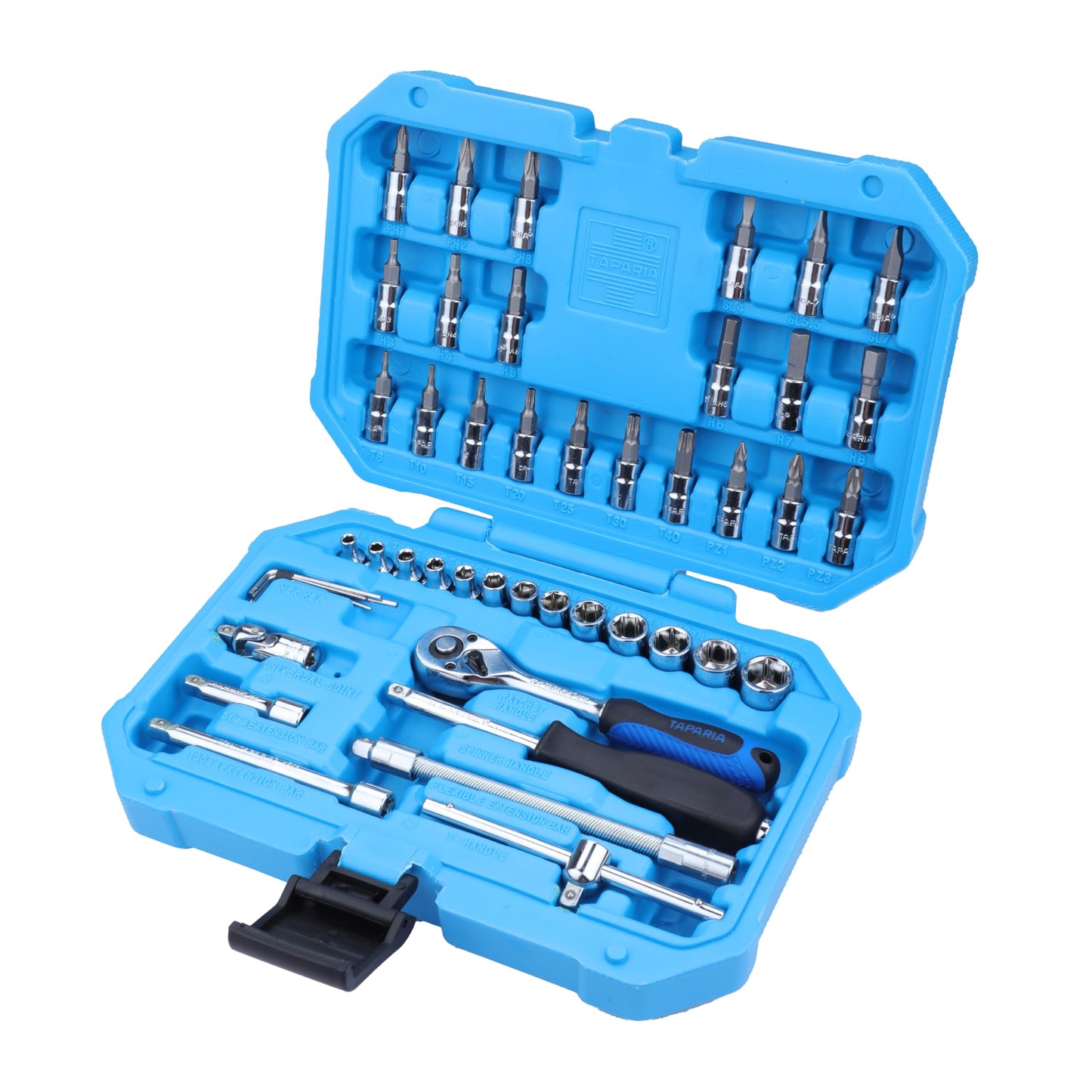 text  taparia-sa46-steel-socket-set-blue-46-pieces