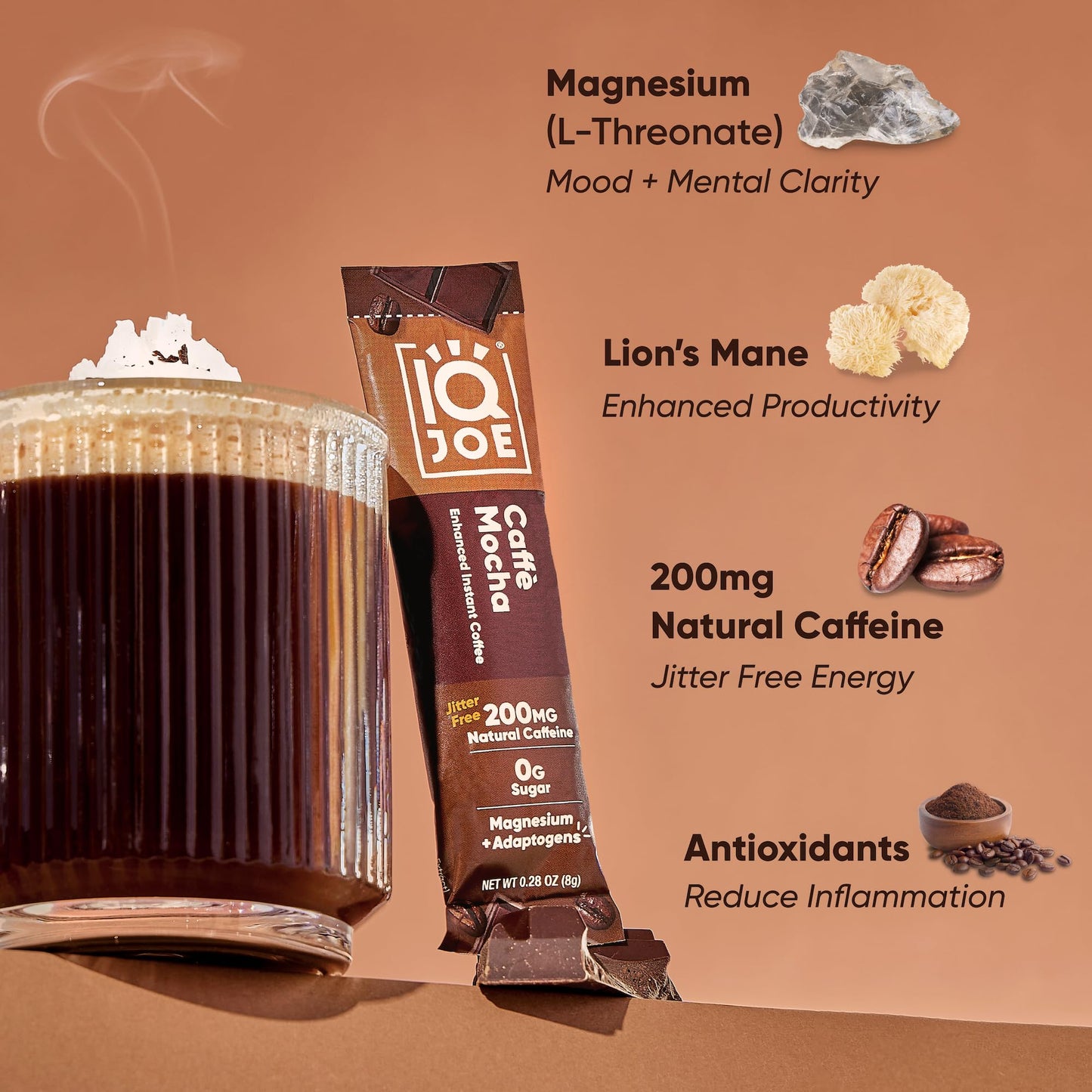 IQJOE Mushroom Instant Coffee - 4-in-1 Formula for Focus, Clarity, Mood, and Energy - Lion’s Mane, Magnesium L-Threonate, Antioxidants, Adaptogens, Sugar Free, Keto, Vegan - 16 Count Variety Pack