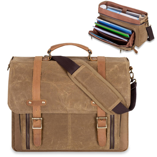 YARWO Mens Messenger Bag with Accordion File Folder, Vintage Leather Waxed Canvas Briefcase Fits 17 inch Laptop, Waterproof Crossbody Work Satchel Bag with Shoulder Strap for School, Business, Travel