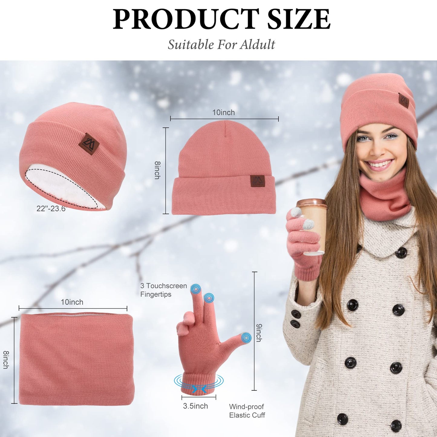 Winter Hat Scarf and Gloves Set for Women Knit Fleece Lined Warm Beanie Touch Screen Gloves Neck Warmer 3-Piece Sets for Unisex Adult 2025 Cold Weather Gifts