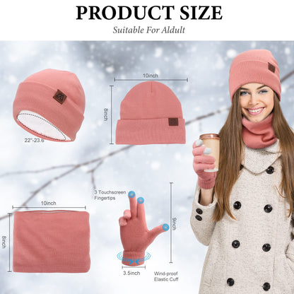 Winter Hat Scarf and Gloves Set for Women Knit Fleece Lined Warm Beanie Touch Screen Gloves Neck Warmer 3-Piece Sets for Unisex Adult 2025 Cold Weather Gifts