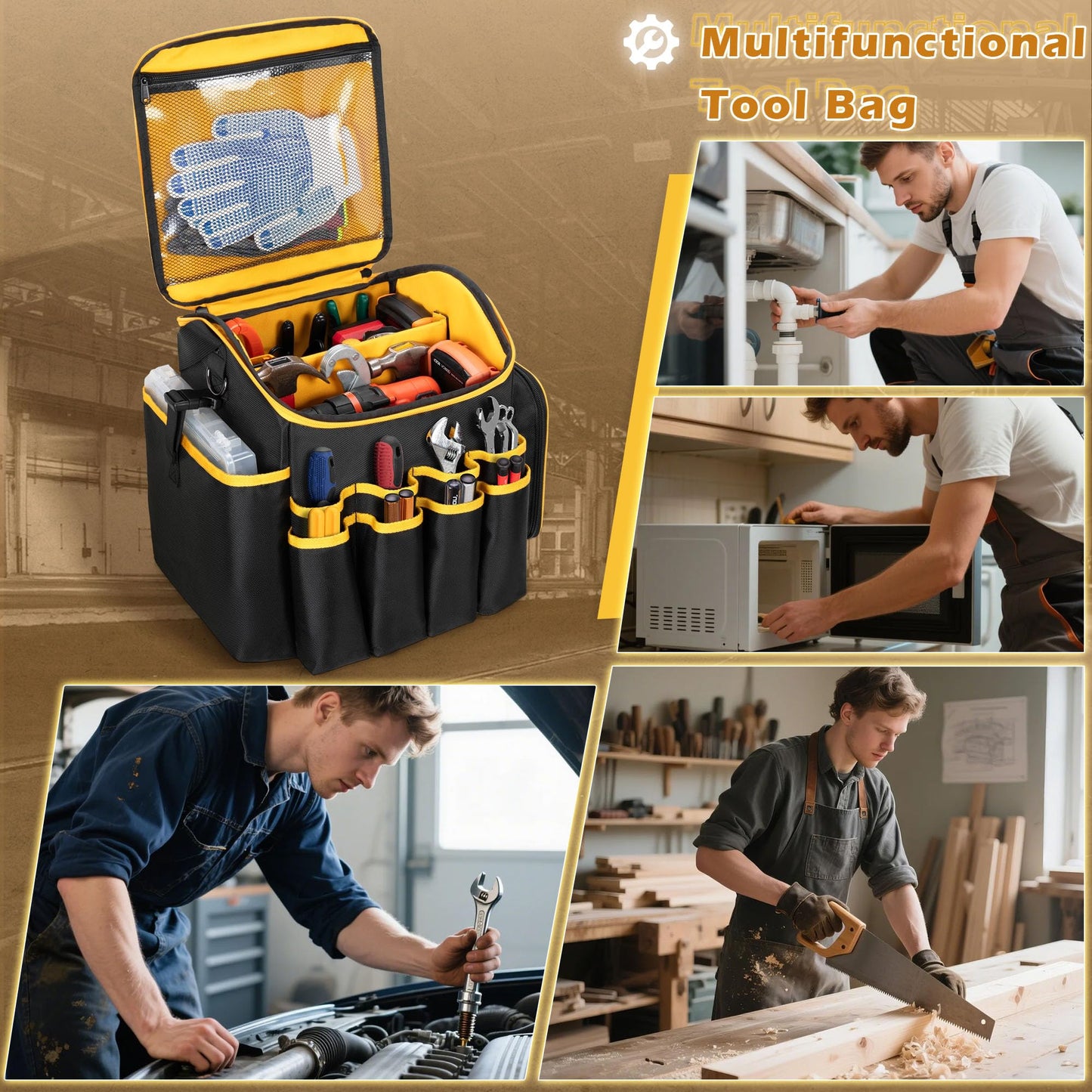 Marscamd Tool Bag with a Detachable Divider, Tool Tote with Multiple Pockets, Black