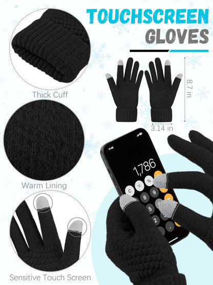 Warm Fleece Knit Beanie Hat and Touch Screen Gloves Set - Winter Gifts for Women and Men