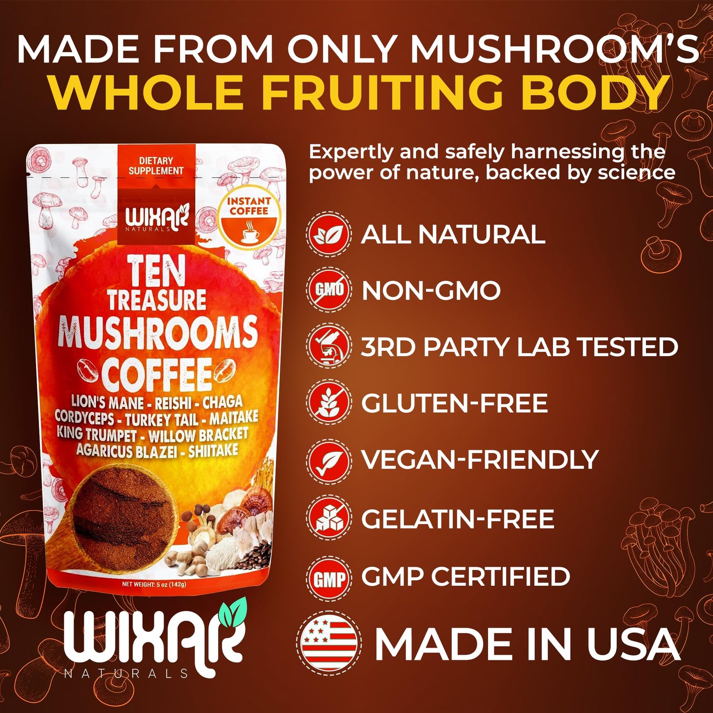 Wixar Mushroom Coffee Blend - Ten Treasure Mushrooms Extract Instant Coffee Powder with Lions Mane, Turkey Tail, Reishi, Chaga, Shiitake, Maitake, Cordyceps, Complex - 5oz Mushroom Supplement