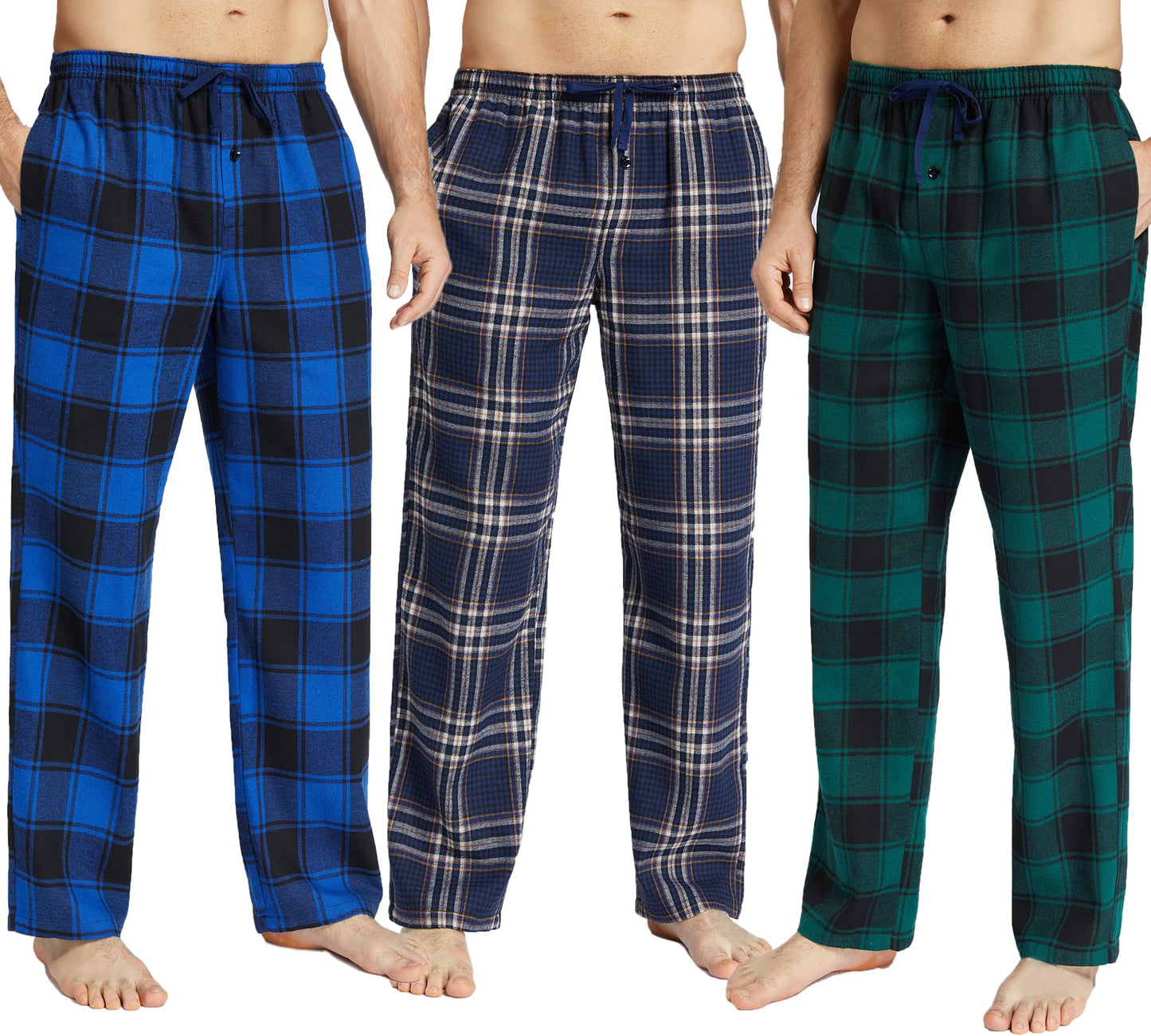 JupiterSecret Mens Pajama Pants Set Flannel Cotton Sleep & Lounge Pants, PJ Bottoms with Pockets and Button Fly 3 Pack