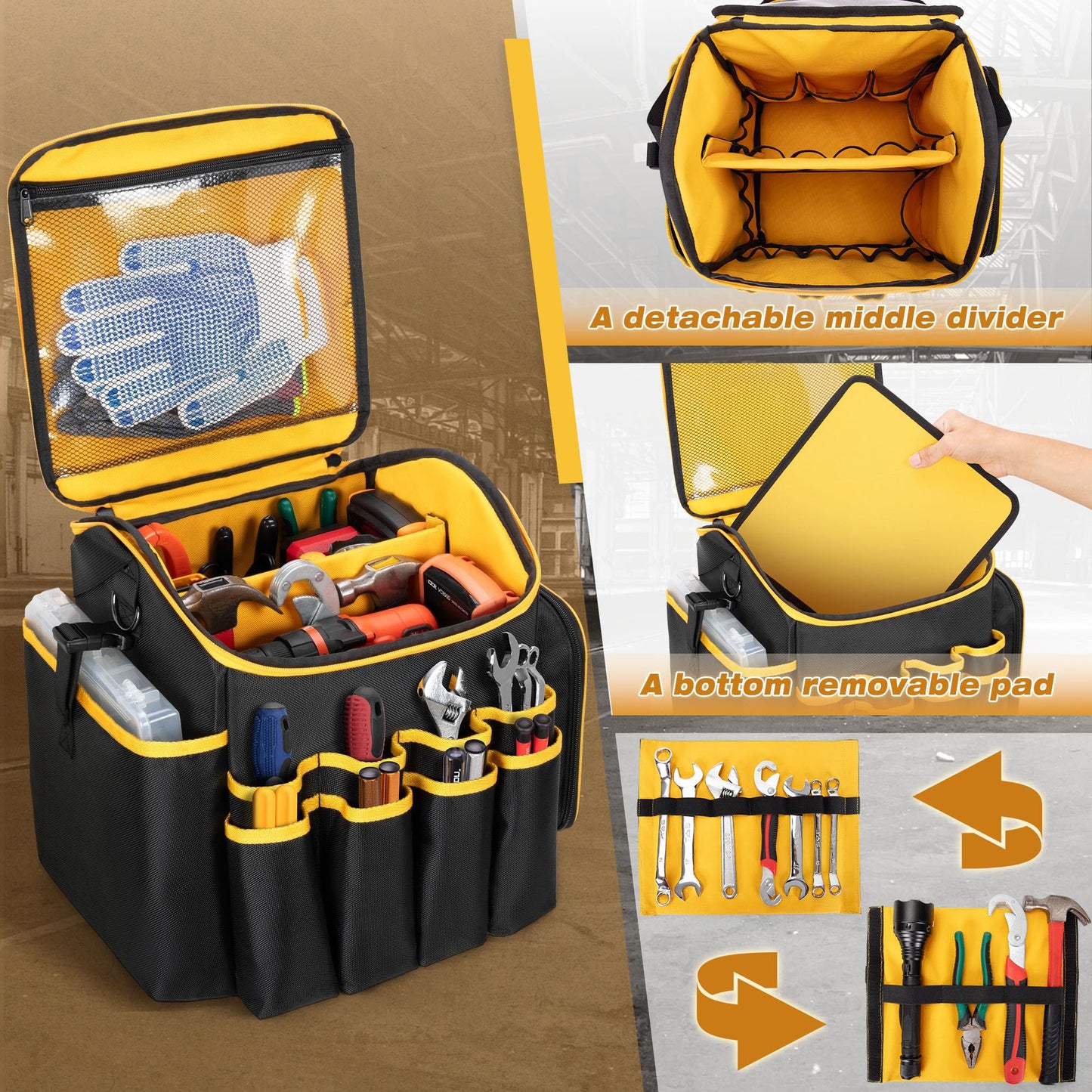 Marscamd Tool Bag with a Detachable Divider, Tool Tote with Multiple Pockets, Black