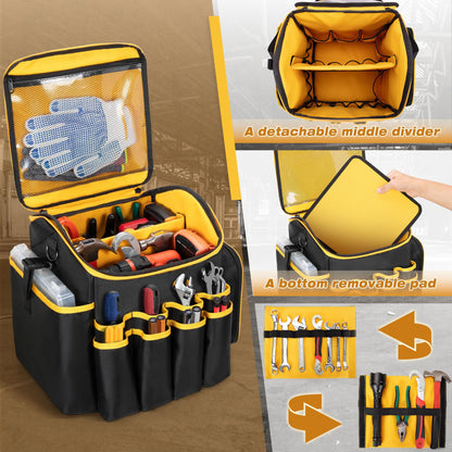 Marscamd Tool Bag with a Detachable Divider, Tool Tote with Multiple Pockets, Black