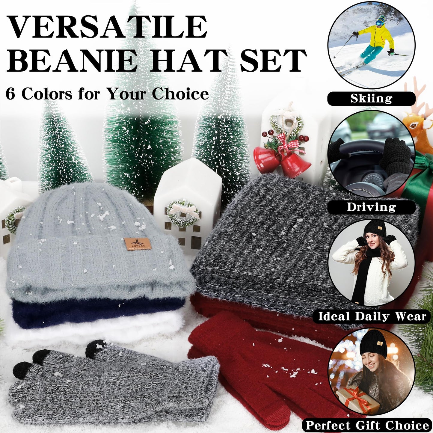 Winter Beanie Hat Scarf Gloves, Warm Fleece Knit Hat Long Scarf Neck Warmer Touch Screen Winter Gloves Set Gifts for Women Black