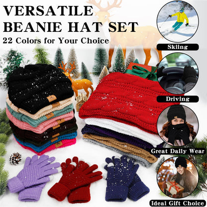 Warm Fleece Knit Beanie Hat and Touch Screen Gloves Set - Winter Gifts for Women and Men